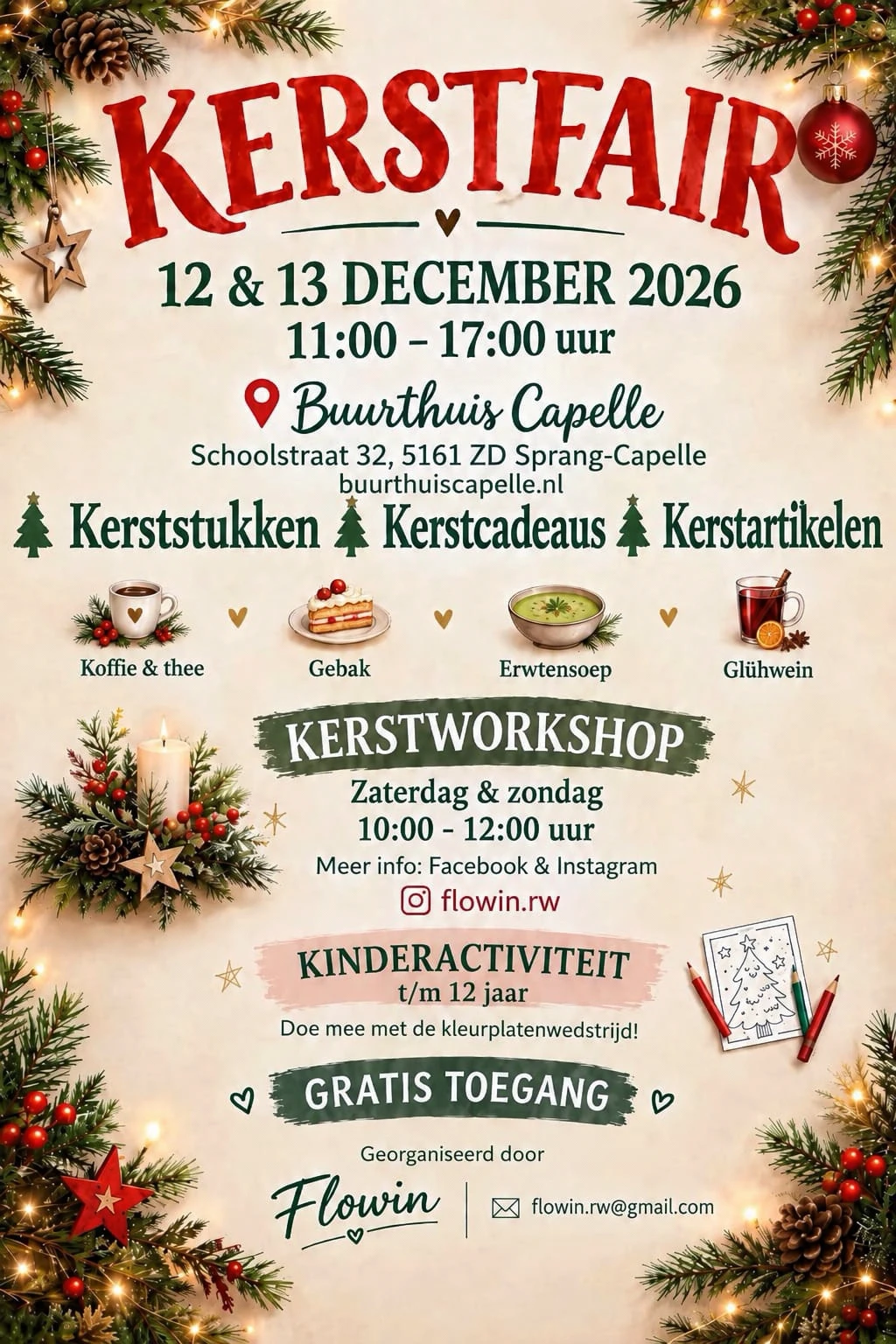 Flyer voor de Kerstfair en kerstworkshop op 12 en 13 december 2026 in Buurthuis Capelle